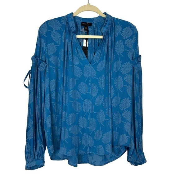 Anthropologie Palm Beach Blouse Current Air Small NWT Blue Leaf Long Sleeve - Picture 3 of 16
